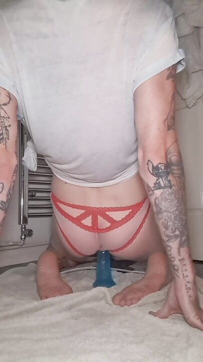 Shy sissy teasing and riding big dildo