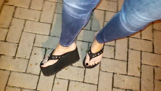 a night stroll without panties in jeans and sexy flip-flops