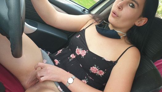 Chubby slut playing with her big fat pussy while driving