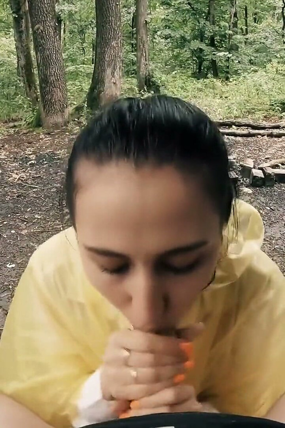 Black Lynn in Yellow Raincoat Sucking Cock in the Woods - Outdoor Blowjob and Cum in Mouth