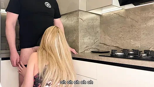 Stepdad Almost Caught Stepmom Fucking Stepson - Cum in Mouth - Amateur with Talk and English Subtitles