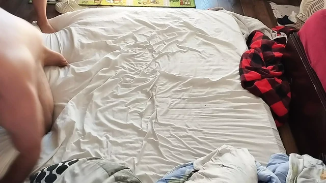 Foreplay in the bedroom with an amateur couple. Amateur MILF does naked yoga, hairy pussy, big ass, big tits.