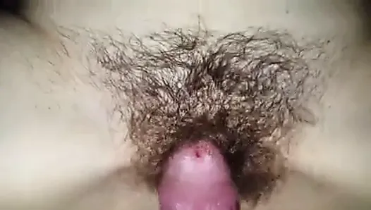Pumping a load into my wife's hairy cunt