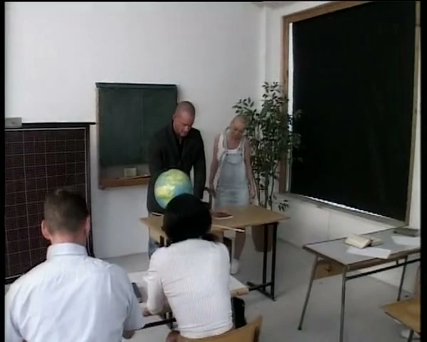 Tiny German teen doll fucked in hard threesome in the classroom