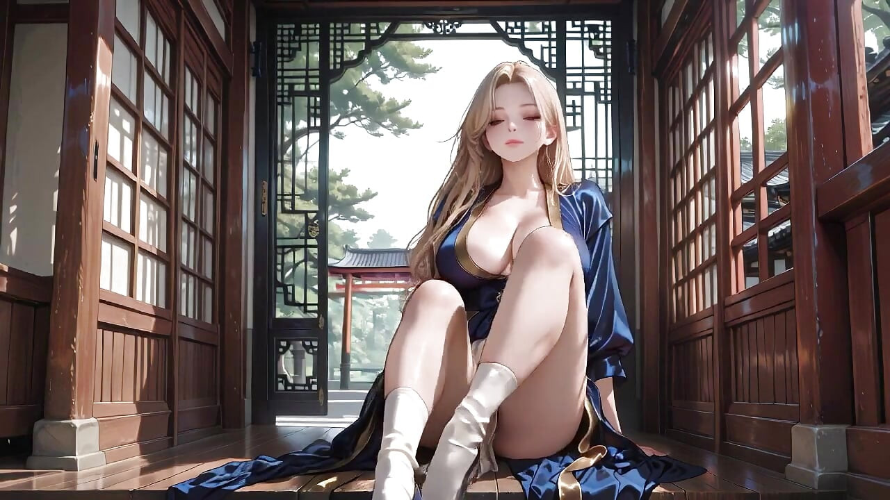 Blonde Goddess in Silk! Lazy Strolls, Kneeling Glances, and Fingertips Grazing Her Chest in a Sun-drenched Japanese Corridor