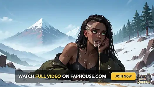 Siyah bir tatlım kar yağışlı bir dağ tepesinde dört ayak üstüne çıkıyor, devasa bir keski ve süper ateşli xxx için hazırlanıyor