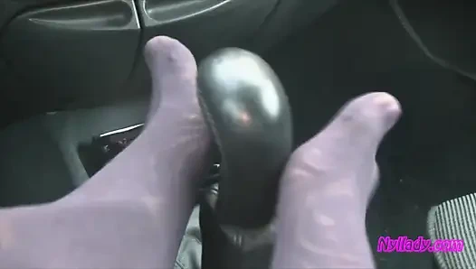 Nyllady's Footjob to Gearshift and Wheel in Patterned Pantyhose
