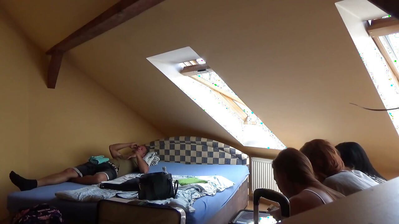 Five girls with their friend at home getting playful