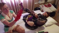 Post op shemale Lisa in femdom bondage & pegging mietje Lucy