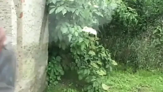 Dirty old man get his cock sucked by a young brunette in the garden