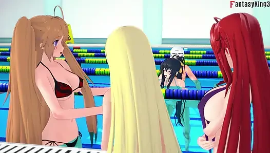 Rias & Akeno Thresome while phonecall and Akeno fucked in public Pool - DXD NTR Madness Series