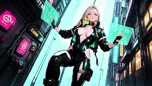 Neonregen-nacht! Blonde Agentin in nassem leder kauern niedrig, holografie, glow & cold glances.