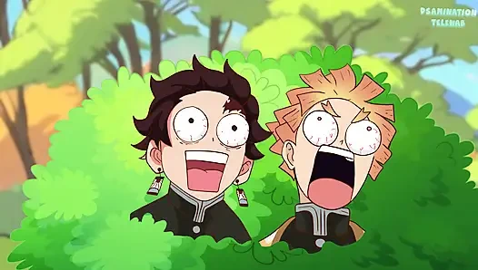 Kanroji Mitsuri на лодке и трахнутый ванту с дилдо (Tanjiro и Zenitsu смотрят это) хентай аниме Demon Slayer