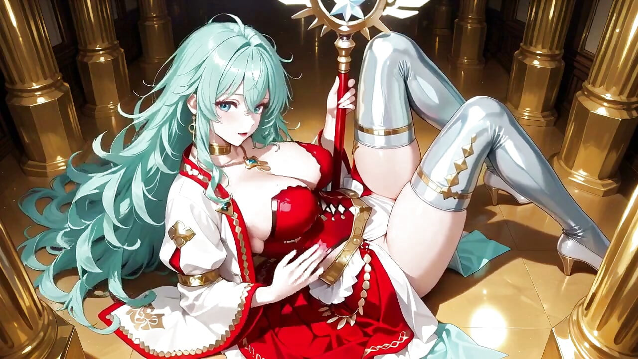 Golden Hall Fantasy! Green-haired Knight in Red-white Armor Kneeling, Teasing with Floating Magic Books - Divine Meets Carnal!