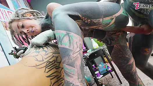 Anal Threesome During Tattoo Session
