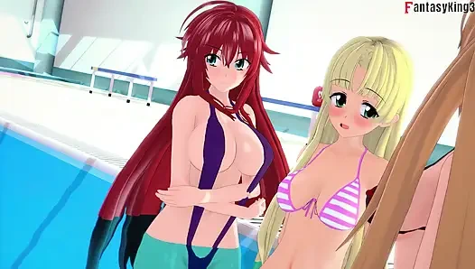 Rias & Akeno Thresome while phonecall and Akeno fucked in public Pool - DXD NTR Madness Series