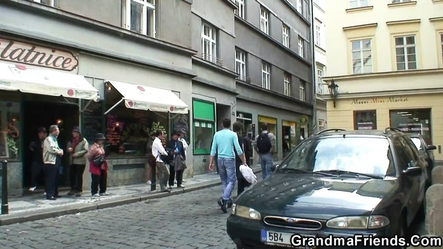 Two buddies pick up and bang old blonde granny