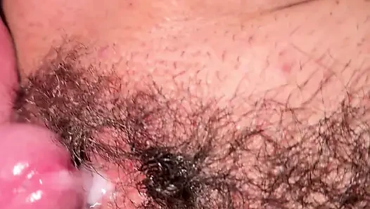 Horny cock rubbing and fucking my big hairy pussy with pissing and cumshot