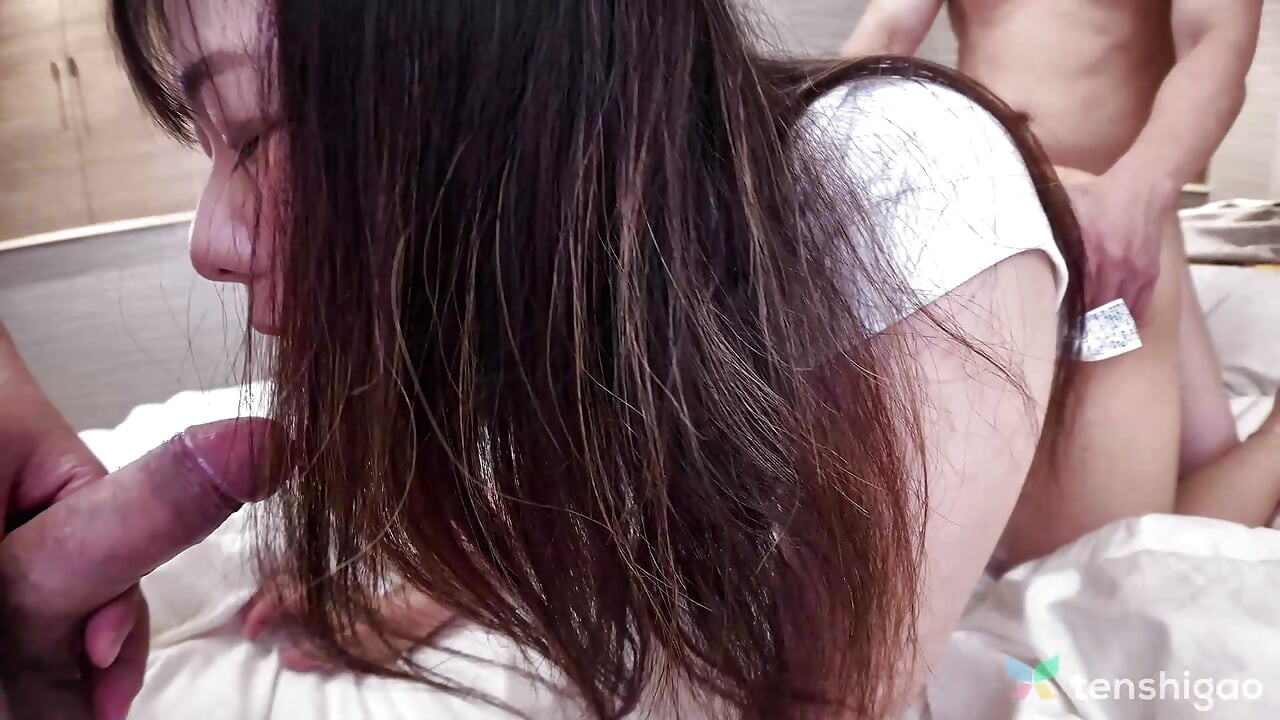 Chubby Japanese Mayu Takase sucks hard cocks before having a threesome.