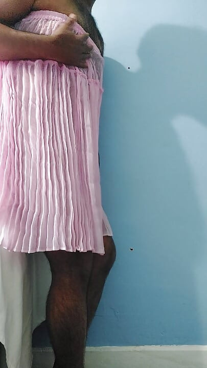 It feels so horny when masterbating in this silk seethrough fleard pleated chiffon pink skirt