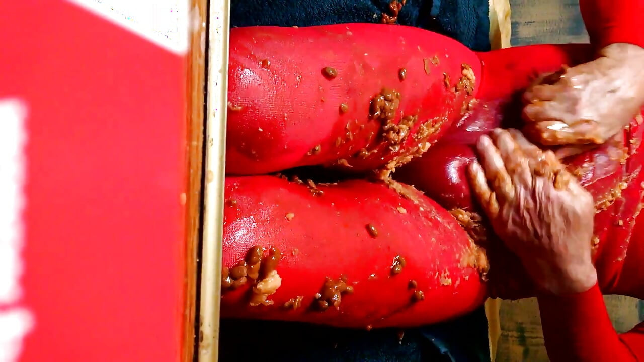 Food smearing my red nylon pantyhose feet, legs, crotch with yams and baked beans.