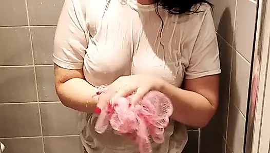 Teen British Brunette Wet T Shirt Shower & Pussy Finger Fuck Orgasm