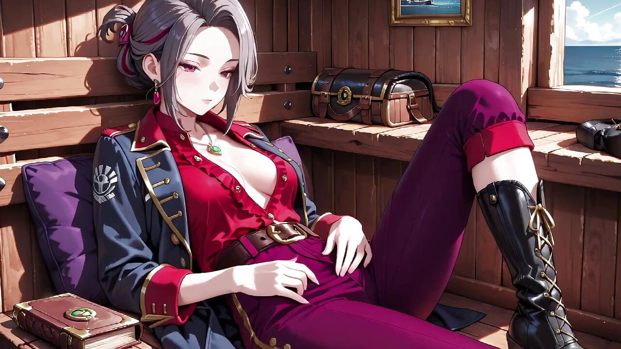 Silver-Haired Pirate Queen! Sun-drenched ship cabin, navy uniform slightly damp, kneeling with a teasing gaze.