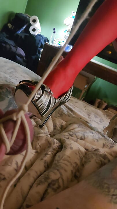 Goode Meisje Bindt Manliefs Ballen En Pik Vast Aan Pulleys in Het Plafond Met Gewichten Van 5 Pond