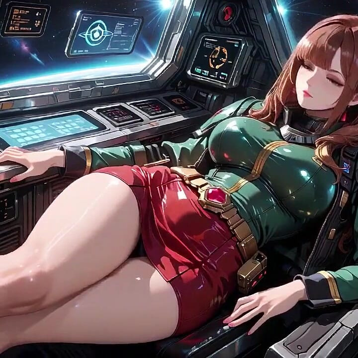 Redhead Commander in Green Sci-fi Uniform! Lazy, Teasing Vibes While Playing with Candlelight on the Spaceship Bridge.