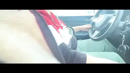 Almost caught! He jerks off in traffic in front of me, I love watching. Big cumshot! Part 1