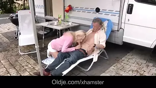 Old man gives blowjob to his young capricious wife