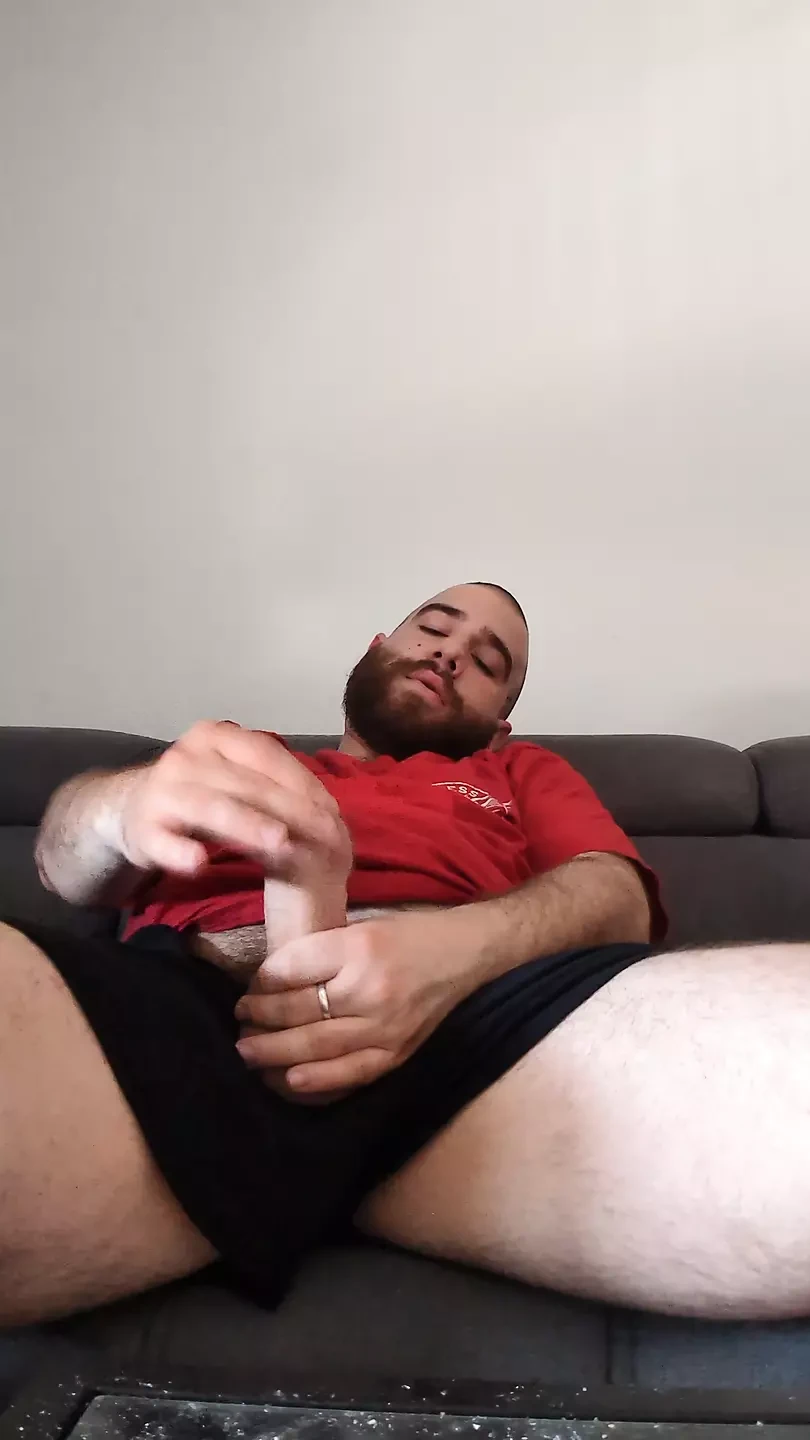Rubbing my thick cock head until I bust on my shirt