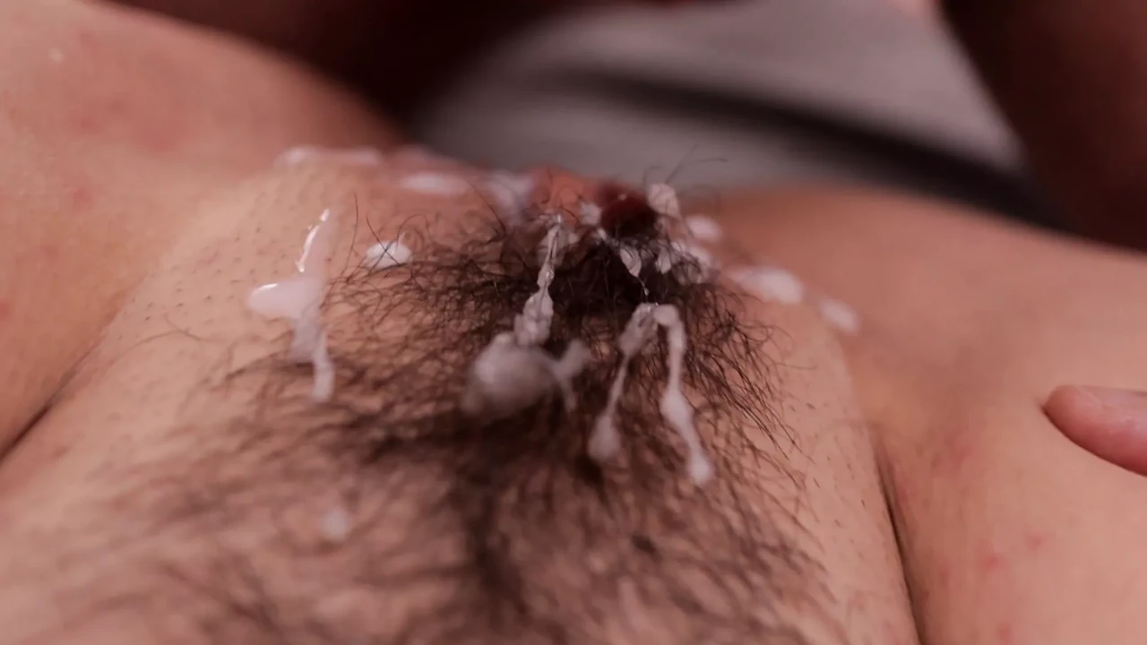 Close up beautiful hairy pussy fuck and cumshot with loud moaning female orgasm