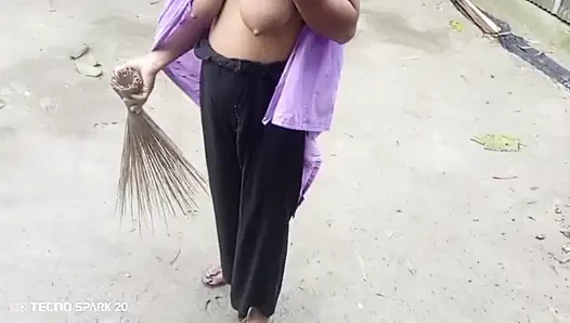 Girl Sweeping the Yard Naked in the Rain - Outdoor Scene