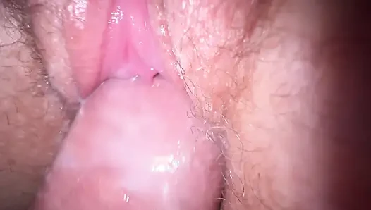Close up fuck with my teen roommate and cum on hairy pussy