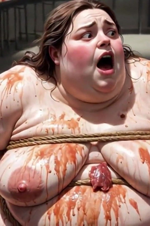 Humiliated BBW Slave Tied and Stuffing Her Belly Deep