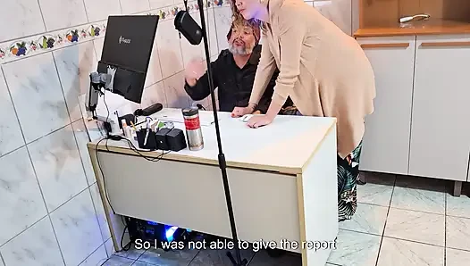 Female boss orders employee to take off his clothes and sucks his ass.