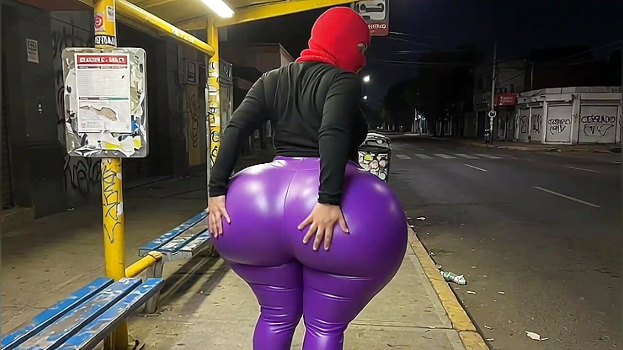 Big Ass Stepmom in Tight Purple Leather Leggings on the Street