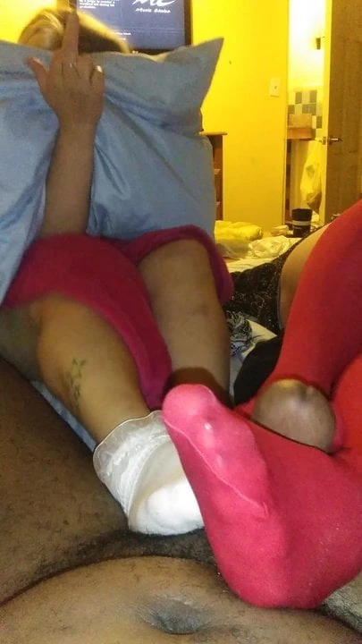 double red stockings and frilly sock footjob with cumshot!!