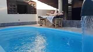 Massage in the pool. The therapist couldn't hold back and made her cum in his mouth.