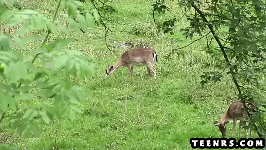 Teen with natural big tits fucks a runner on the trail