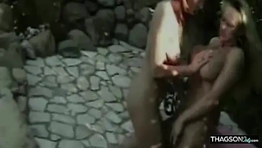 Blonde Babe Fingers Brunette to Squirting Orgasm Outdoors