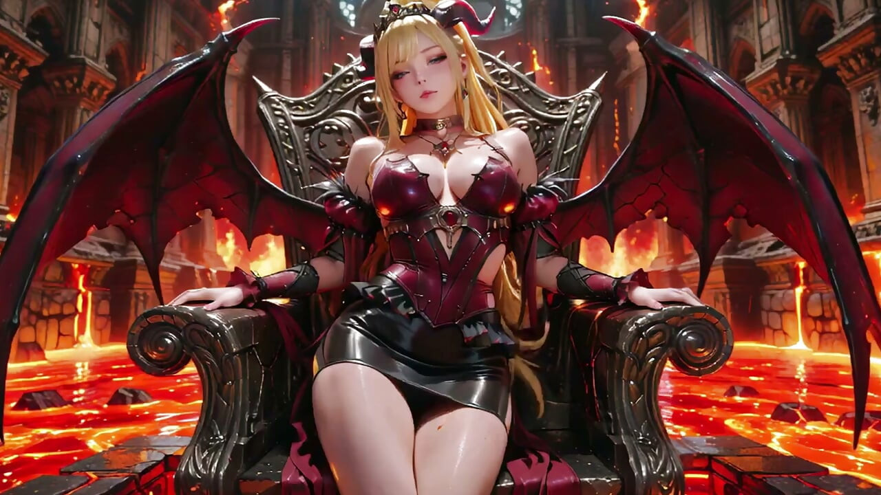 Lava Throne! Blonde Demon Queen Kneels & Spreads Her Wings, Lazy Tease with a Glass.