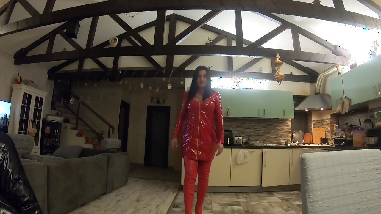 Red Leather Dress and Thigh High Boots Tease. Tight Fit, No Bra and Pure Anticipation