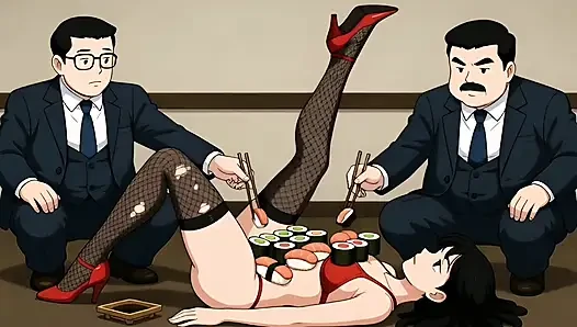 Sushi-mädchen: reiche typen essen essen vom körper einer sexy schlampe und ficken sie dann