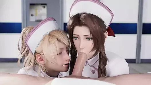Медсестра Luna и Aerith сосет большой хуй