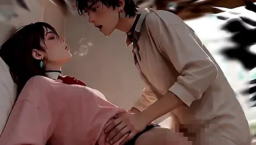 Nighttime Seduction - Red Bow Unfastened, Blue Skirt Lifted, Secret Nipples Exposed Under Soft Light