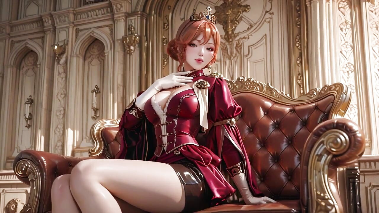 Reine rouge sur le trône doré ! Robe de velours profond, menton paresseusement posé sur la main, et un regard qui vous transperce.