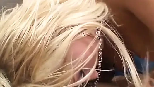 Whore in black lingerie rides 3 cocks and takes loads in gang bang