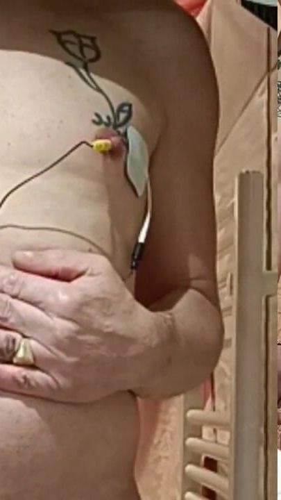 E-stim electro inside holes of my piercing tits , cum ( video fast motion)